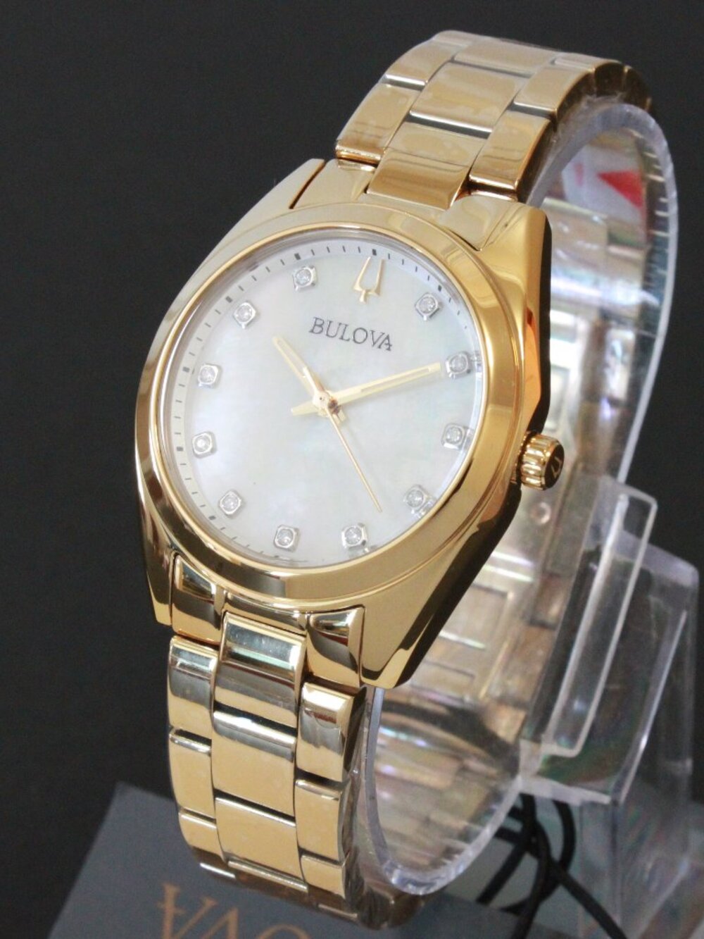 Bulova Ladies Surveyor Quartz Watch Diamond Indices MOP Dial Gold Tone 31mm - Picture 4 of 12